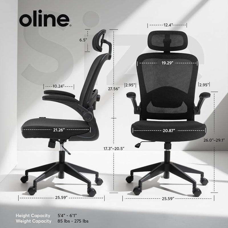 Oline ErgoAir Ergonomic Office Chair – Adjustable Lumbar Support, Flip-Up Armrests, Mesh Computer Desk Chair, Swivel Rolling Executive Gaming Chair for Home & Office (Black) - Image 3